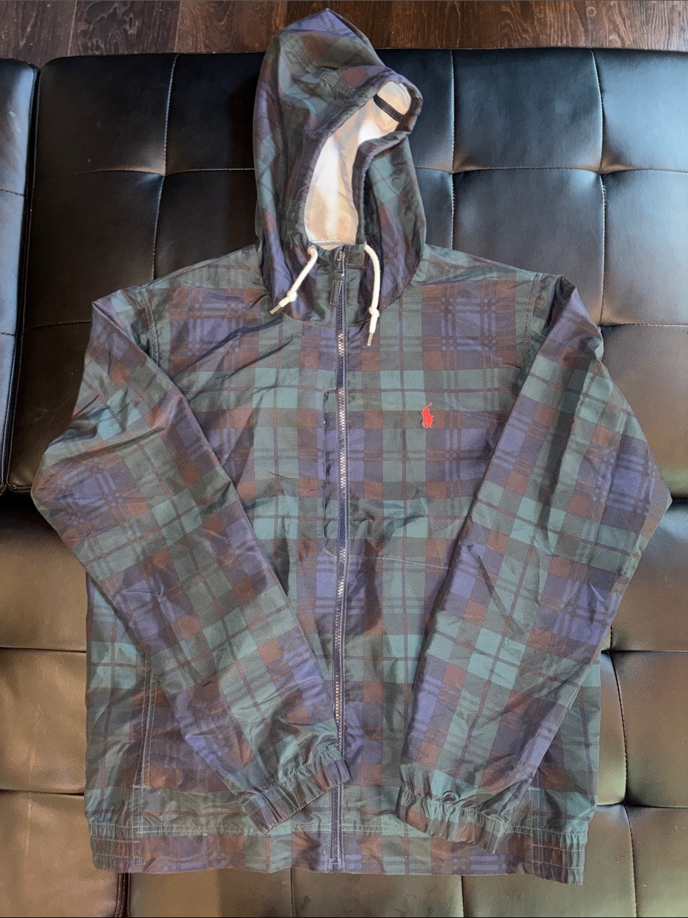 Polo by Ralph Lauren Navy & Green Plaid Hooded Windbreaker with Red Polo Logo